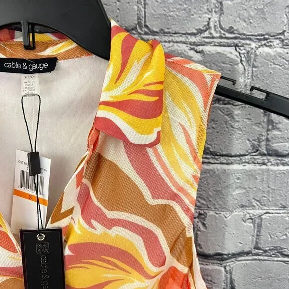 Cable and Gauge Blouse Womens Small Orange Floral Sleeveless Ruched Top V Neck - Picture 4 of 10